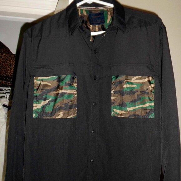 100 % PURE NYLON VENTED BLACK BUTTON‎ DOWN CAMO SHIRT - Picture 1 of 14
